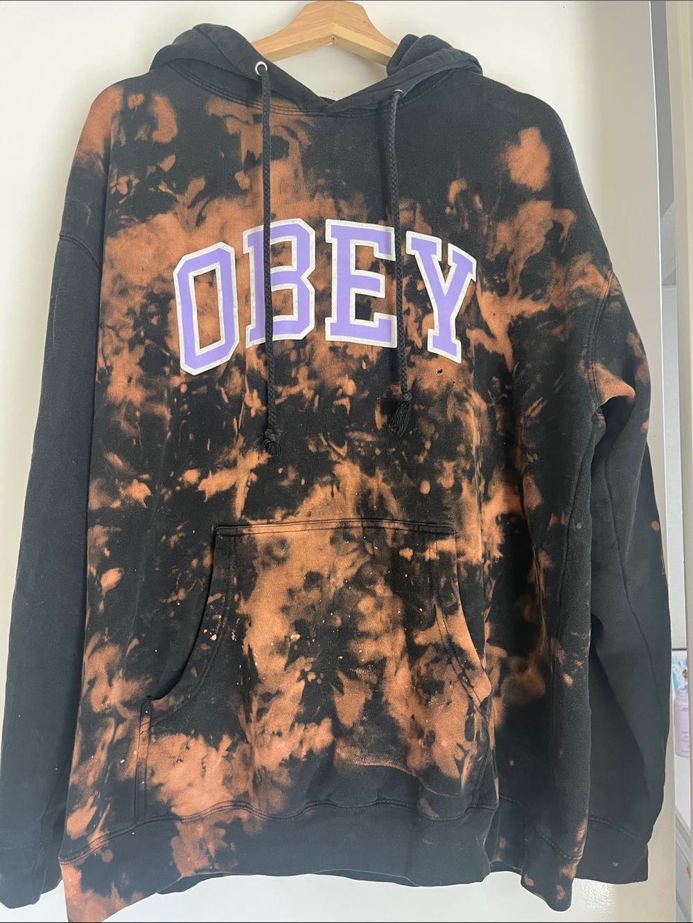 Obey Black & brown Bleach splatter Tie-Dye Crewneck Hoodie with Purple Logo